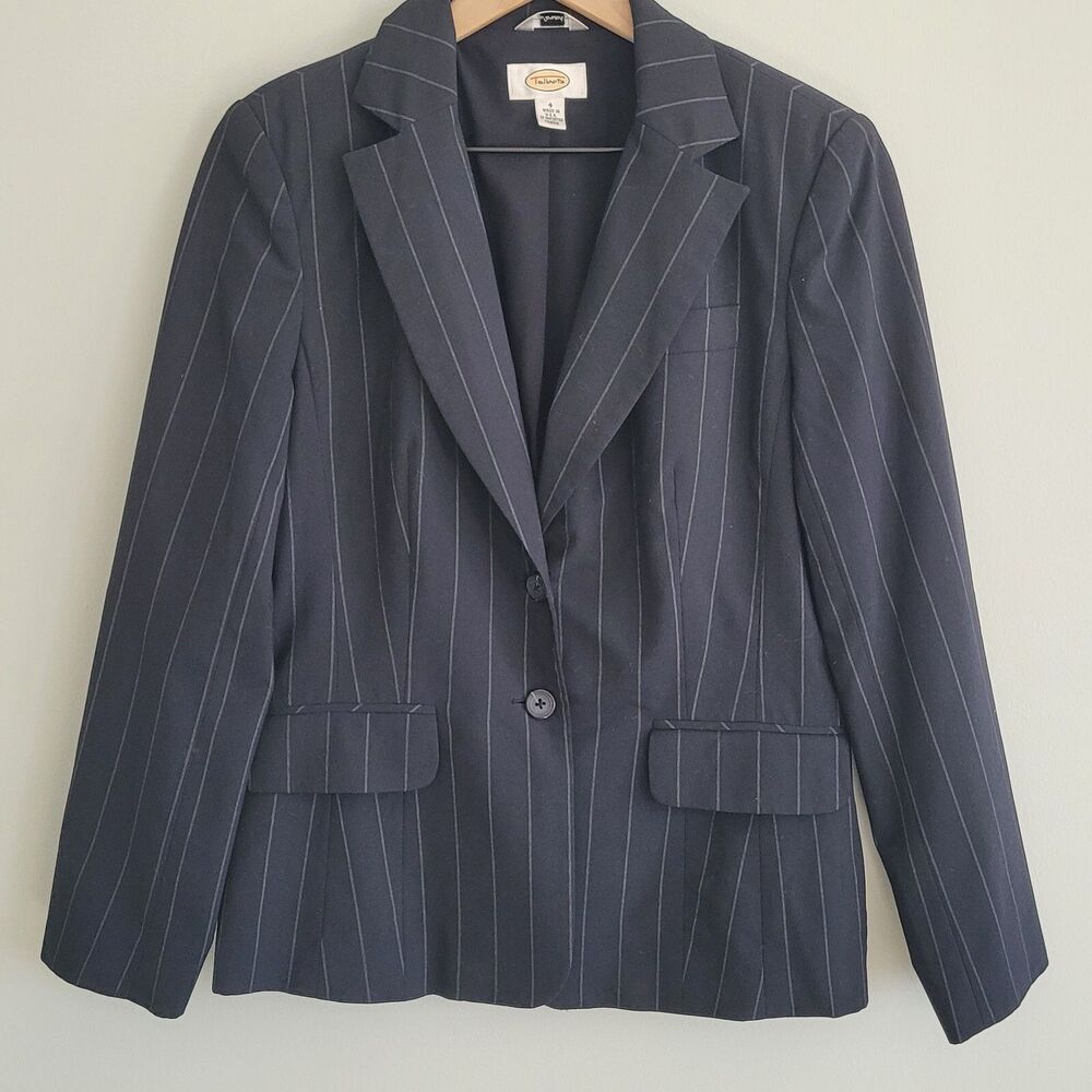 Talbots Blazer Womens 4 Stretch Button Front Pinstripe Faux Pockets Career